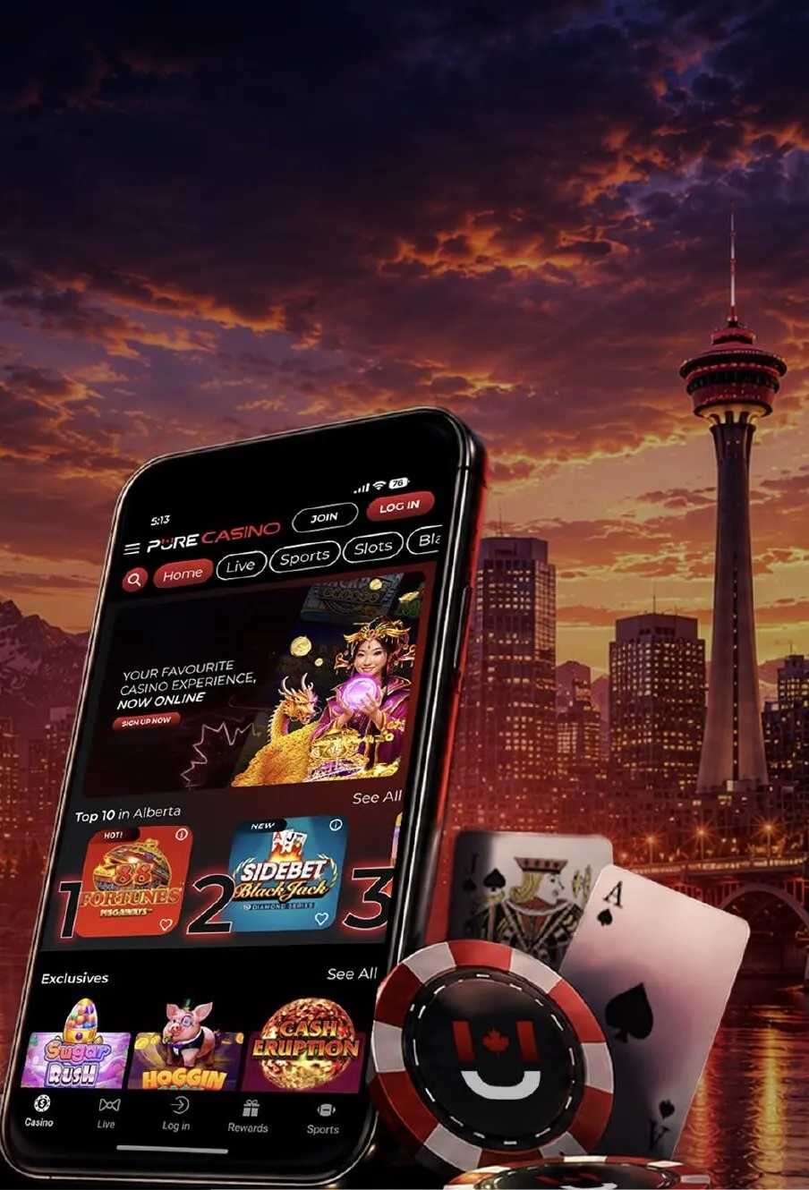 Pure Casino app with slots on a phone in front of the Calgary skyline